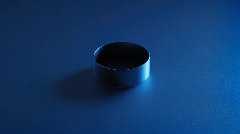 Blue metallic circular object casting a shadow on a blue surface.