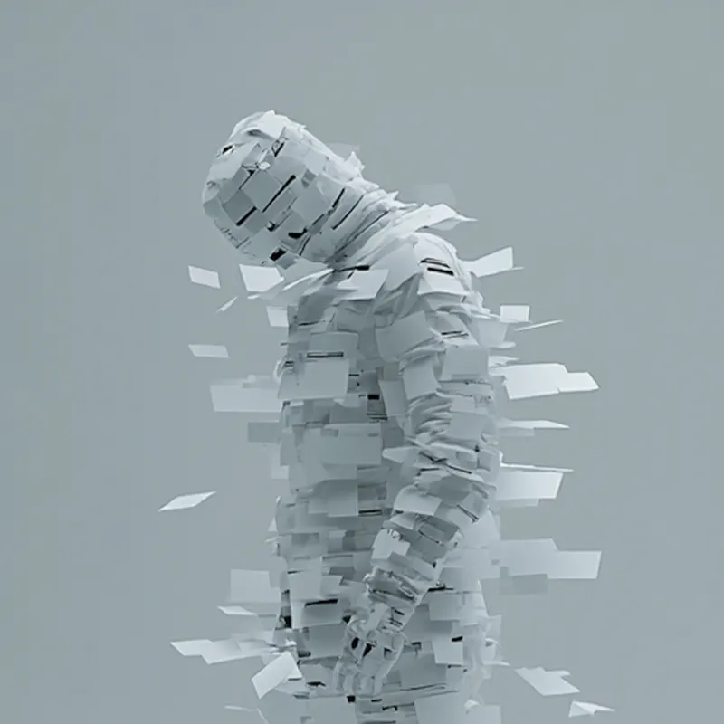 Abstract figure composed of floating white rectangular blocks against a gray background.