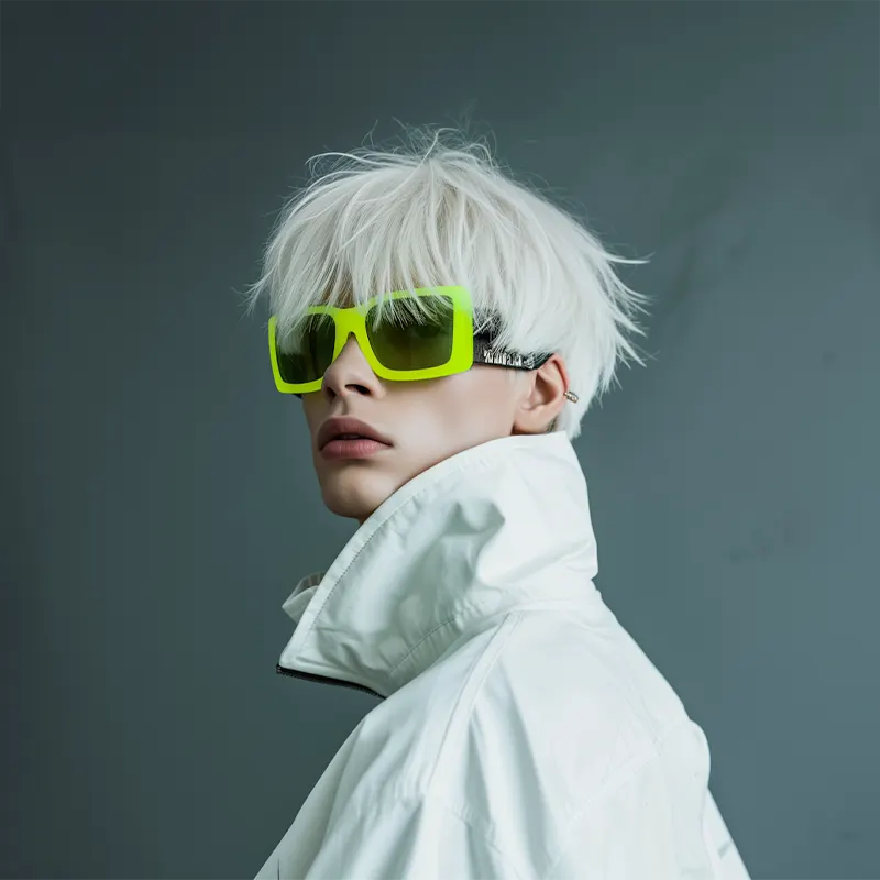 Person with white hair wearing bright lime green square sunglasses and a white jacket with high collar.