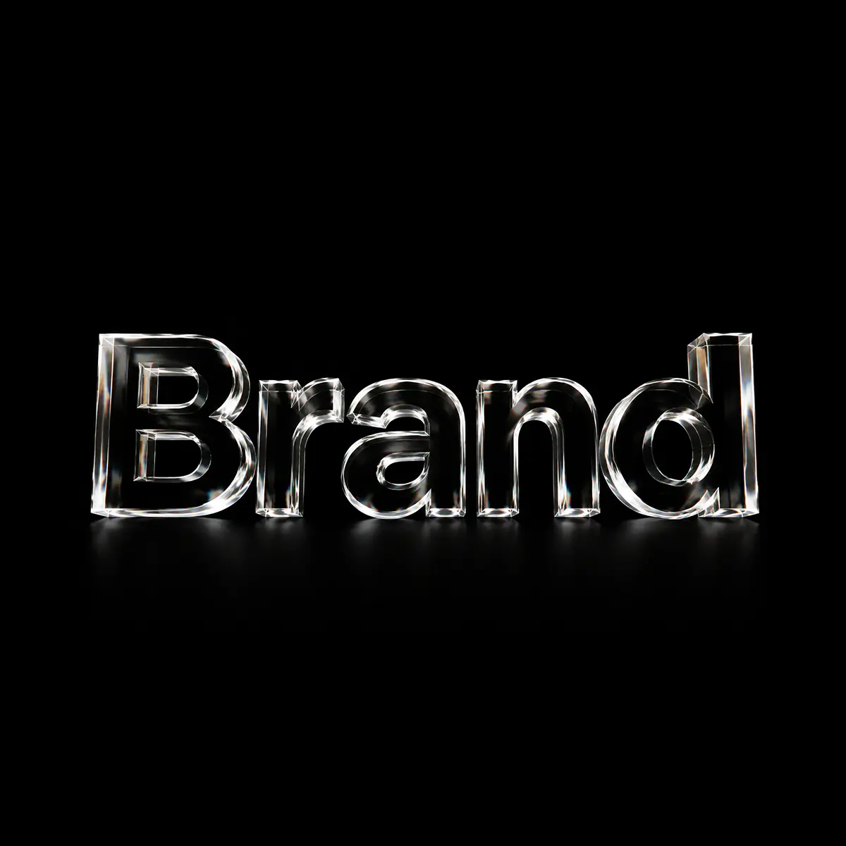 3D text reading 'Brand' in a clear, glass-like material on a black background.