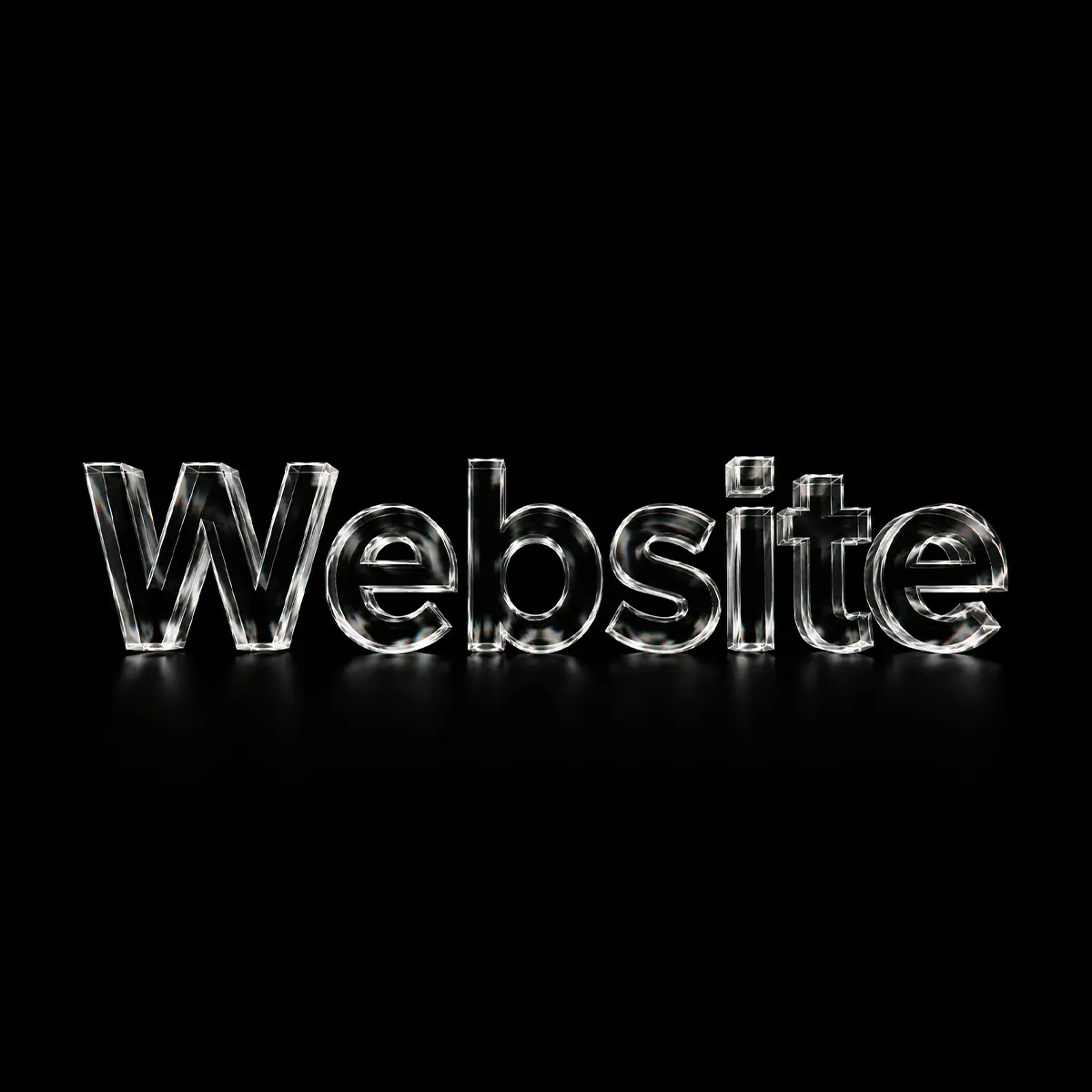 Transparent glass letters spelling the word 'Website' on a black background.