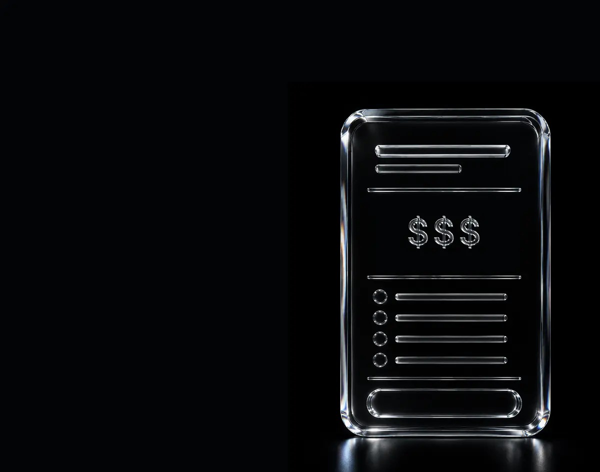 Transparent 3D document icon with dollar signs and bullet points on black background.
