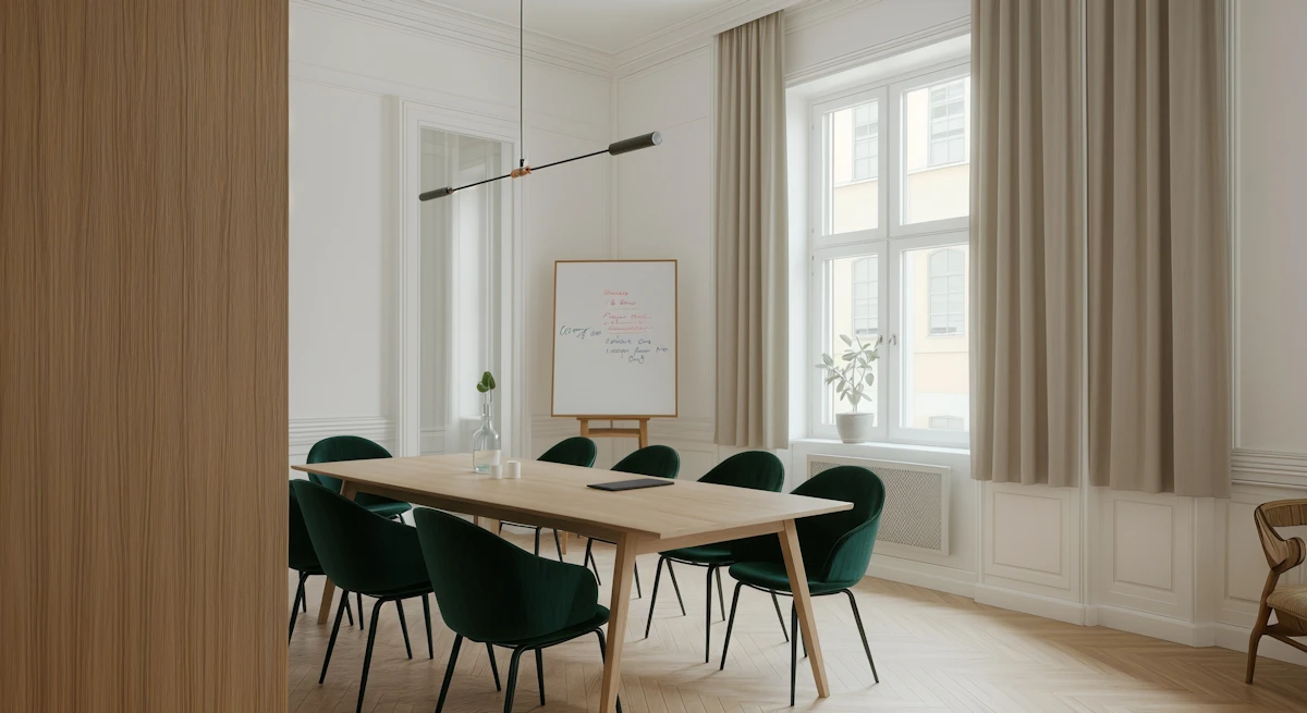 Modern conference room with wooden table, green chairs, large window, and whiteboard on an easel.