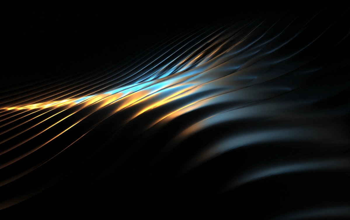 Abstract wave design with smooth flowing ridges lit in blue and orange on a black background.