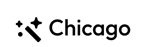 Stylized black silhouette of Chicago skyline with iconic buildings on white background.