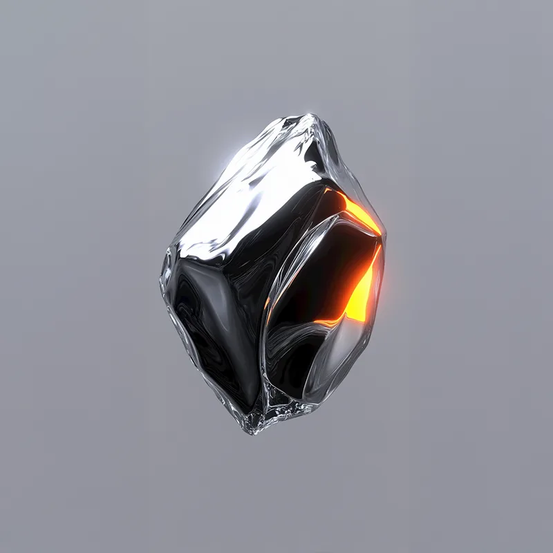 3D render of a dark crystal with glowing orange reflections.