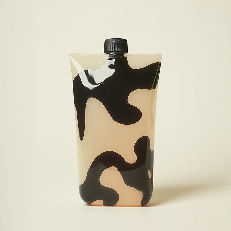 Flexible pouch with black and beige irregular cow print pattern and black screw cap.