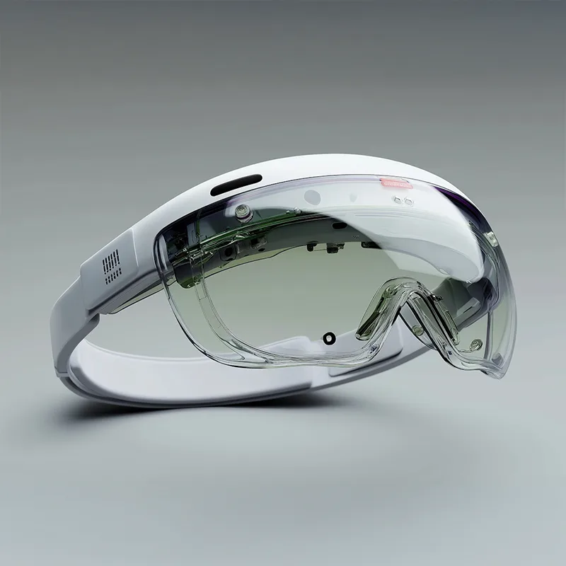 Modern transparent augmented reality smart glasses with white frame on a gray background.
