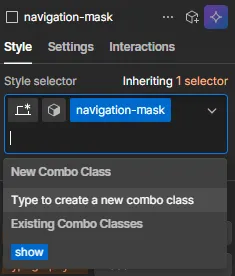 User interface showing combo class dropdown with new and existing combo class options in design software.