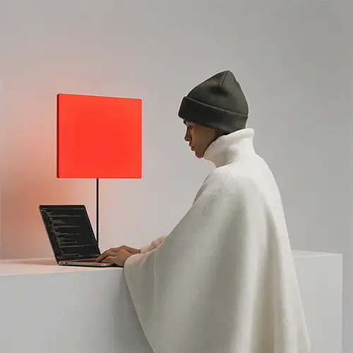 Person in white cape and gray beanie working on a laptop with a bright red square lamp nearby.