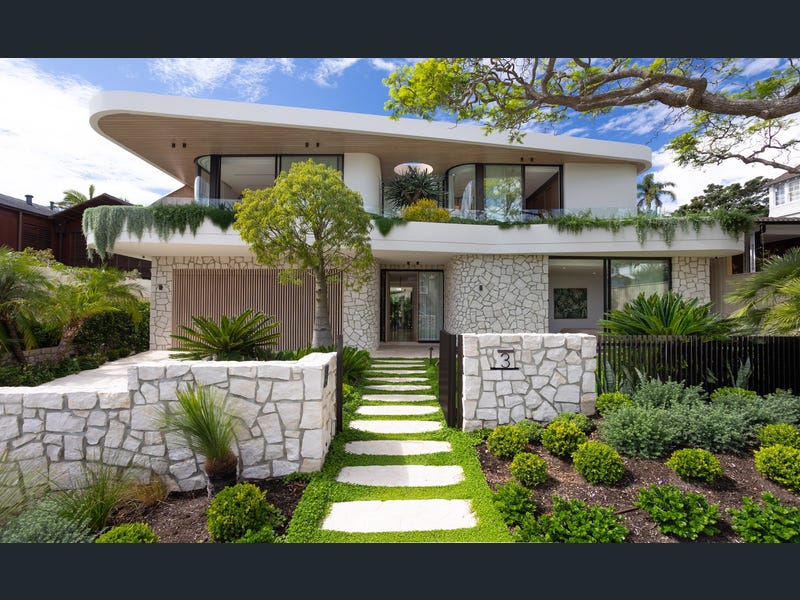 Front elevation of 3 Methuen Avenue, Mosman, with stepping-stone entry path and landscaped garden