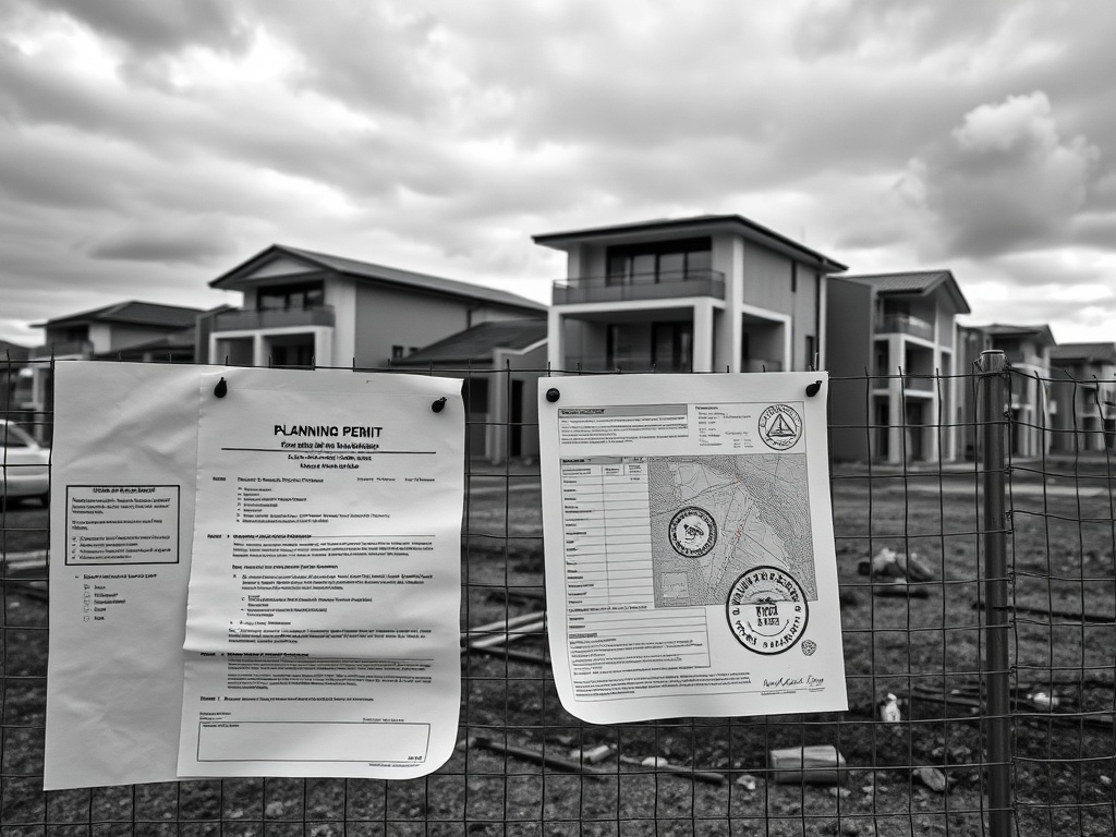 A stamped planning permit and drawings pinned to a site fence in front of a part-built townhouse development