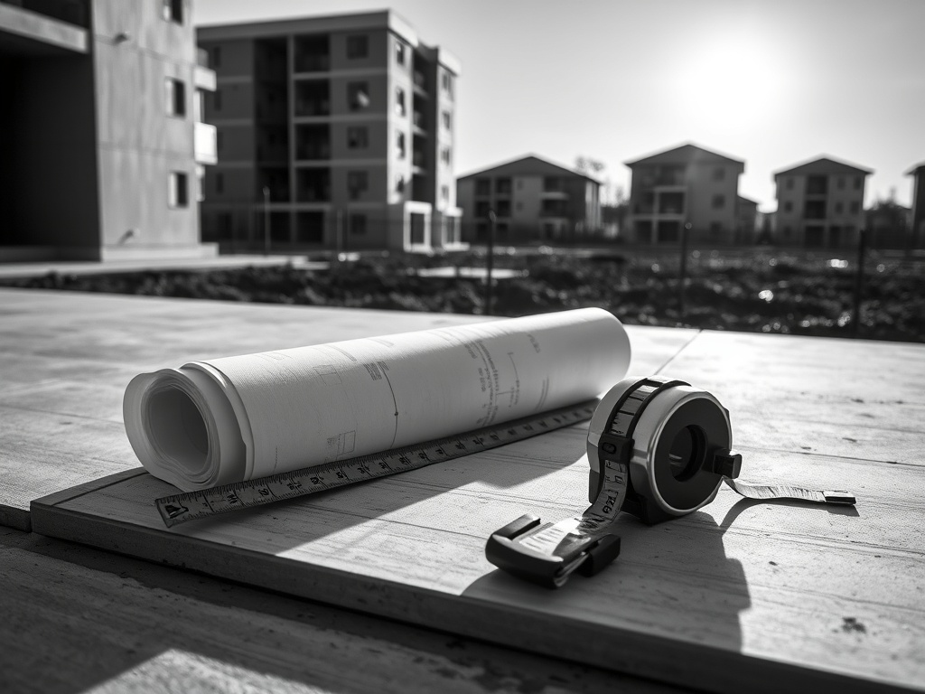 Rolled planning drawings and a measuring tape on a concrete slab at a development site
