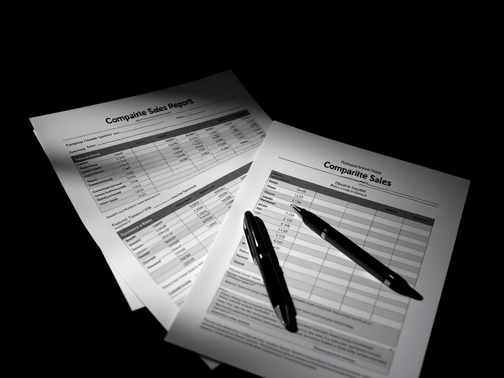 Printed comparable sales reports and a valuation document fanned across a dark desk