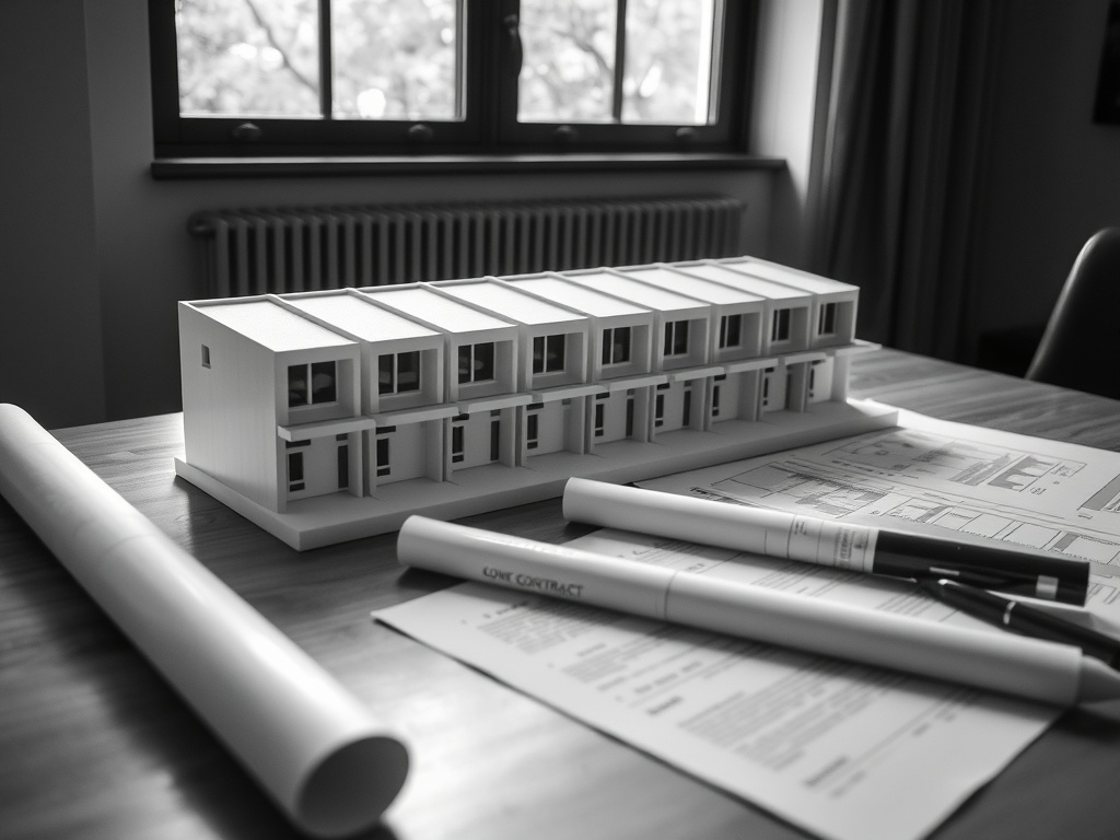 Scale architectural model of a townhouse row beside rolled drawings and a signed contract