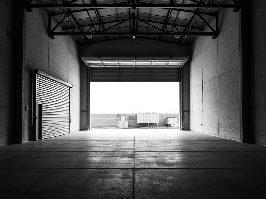 Empty industrial tenancy interior with roller door open to grey daylight