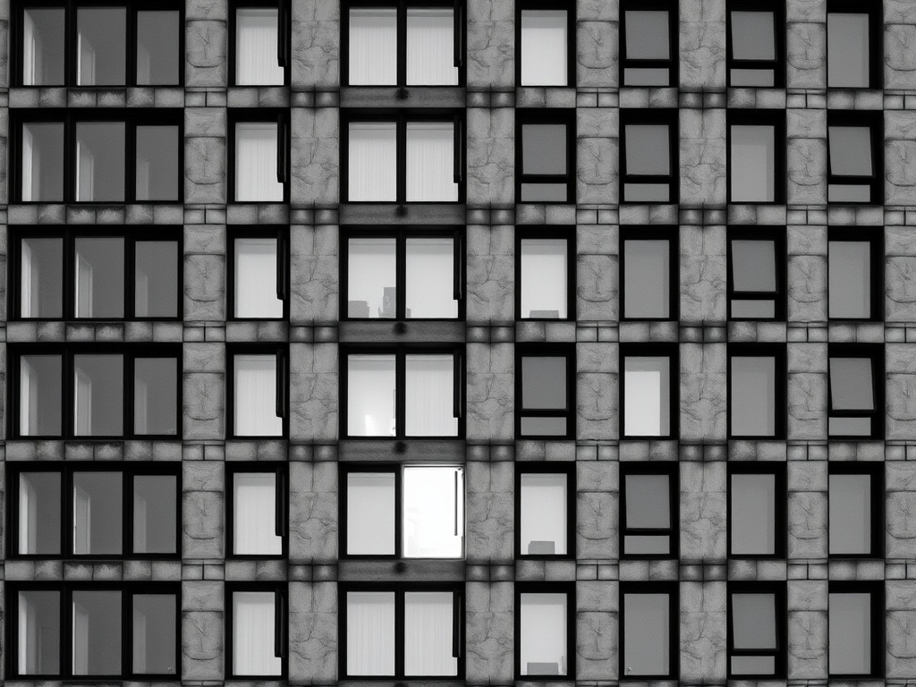 Repeating grid of office windows on a concrete facade with one window lit differently