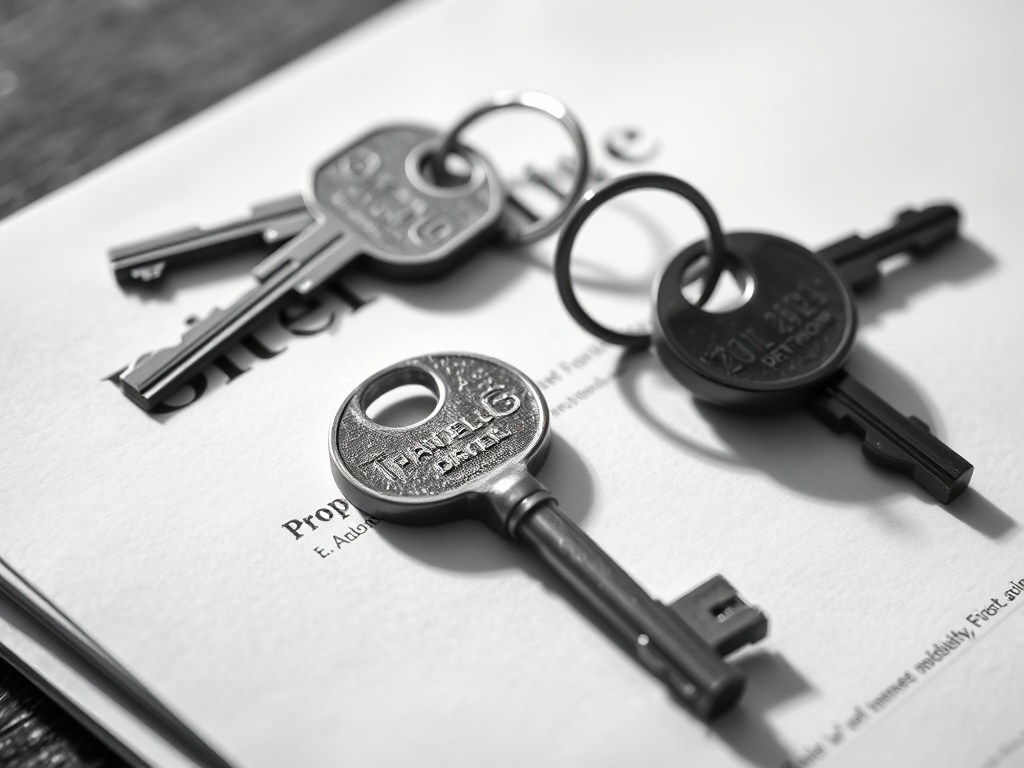 Two brass keys of different sizes on a folded property title document