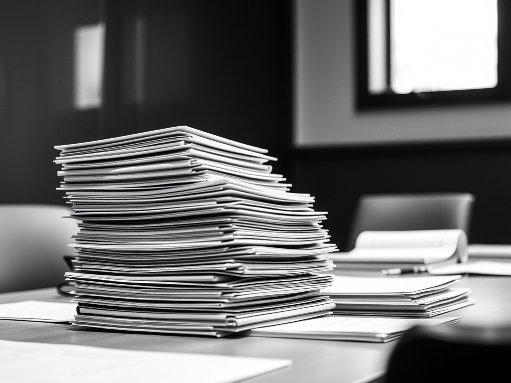 A tall stack of bound folders and financial reports on a boardroom table