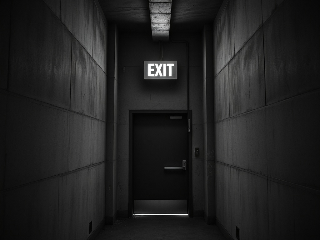 A fire exit at the end of a concrete corridor with an illuminated sign above