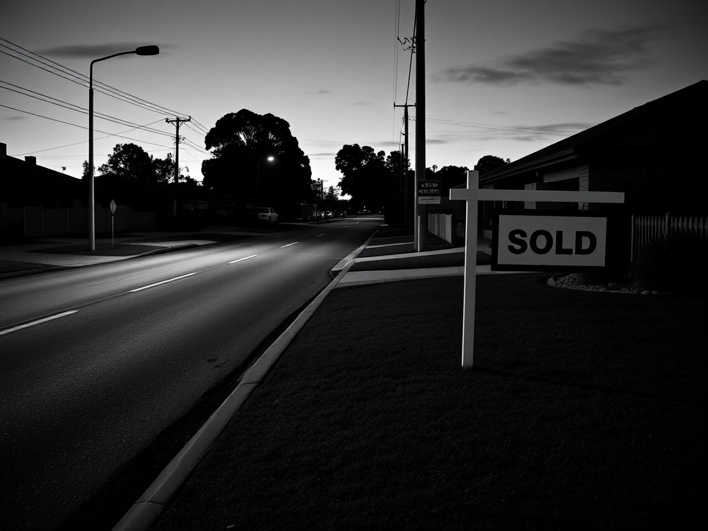 An empty suburban street at dusk with a sold sign in a front garden