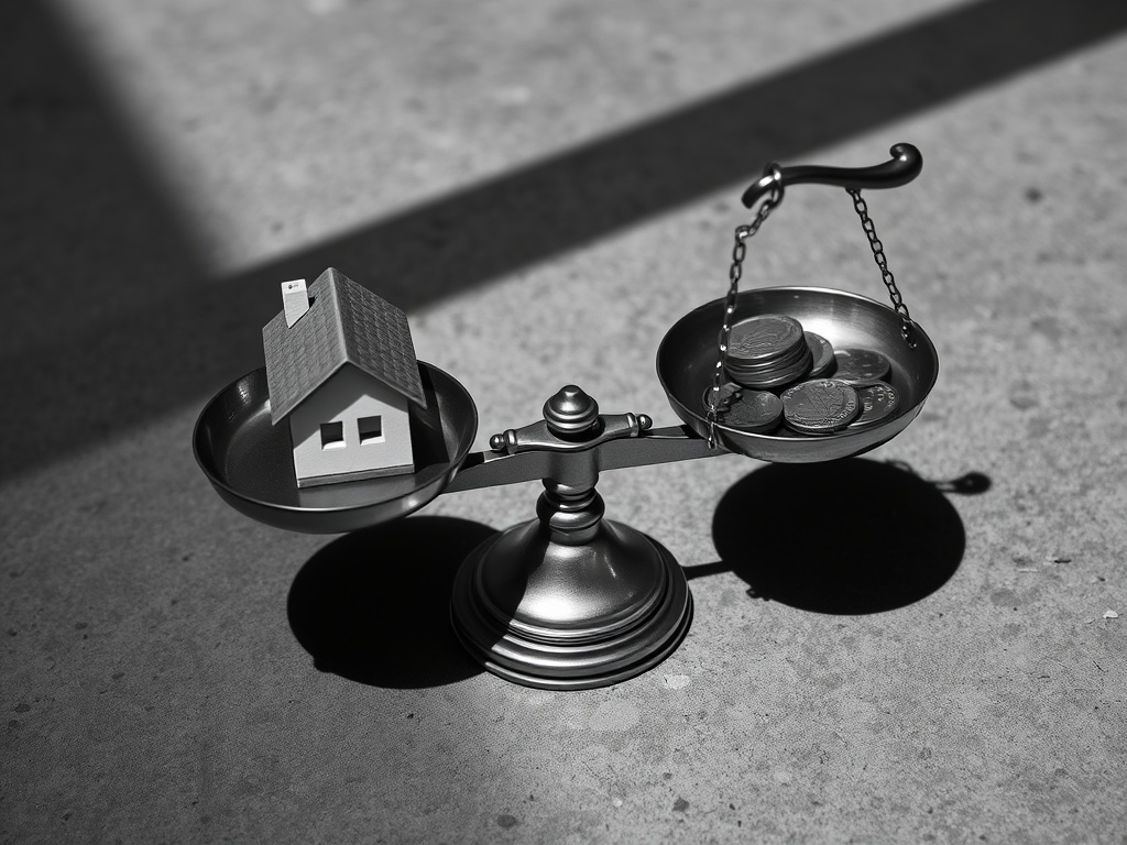 A brass balance scale weighing a small architectural model against coins