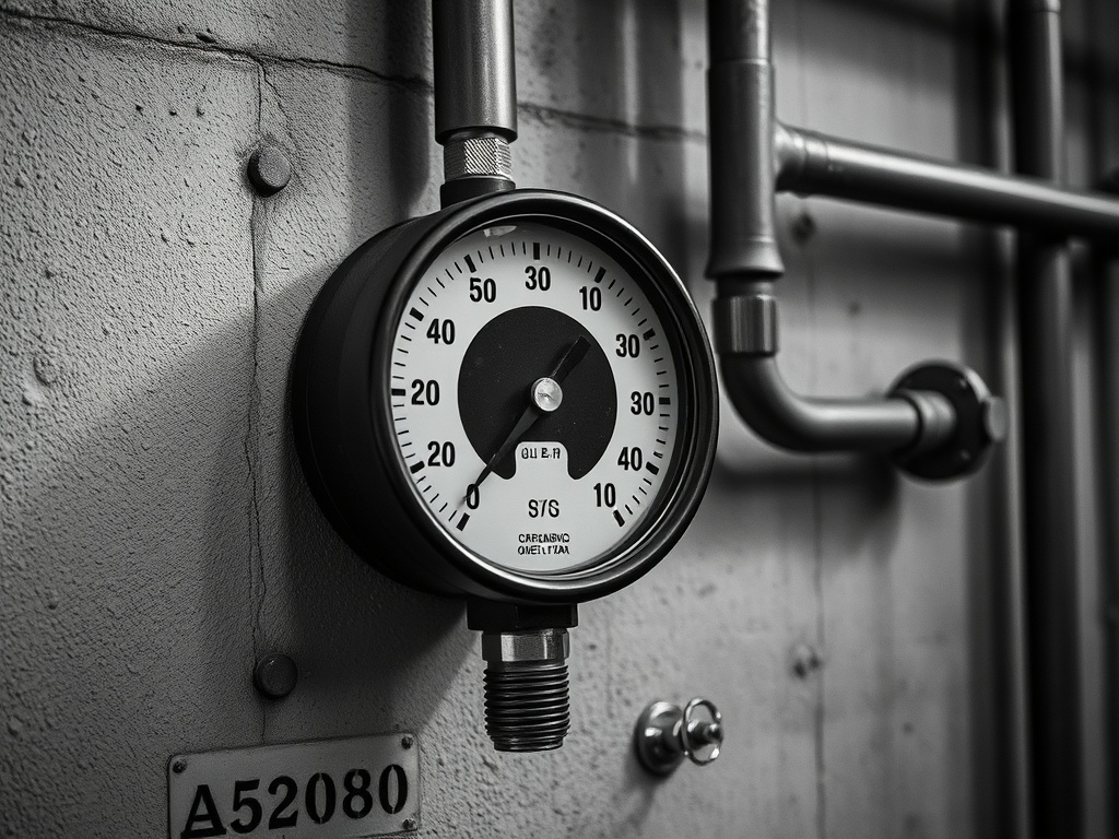 An industrial analogue pressure gauge on a concrete wall