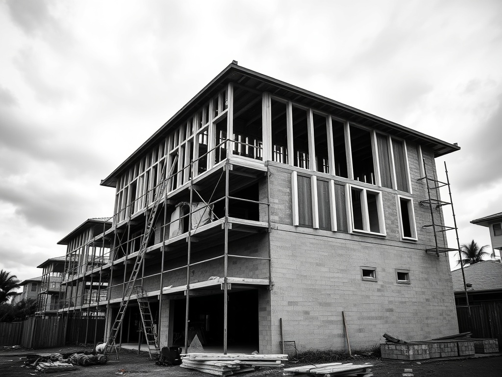A half-built townhouse development with timber frames and scaffolding, no workers on site