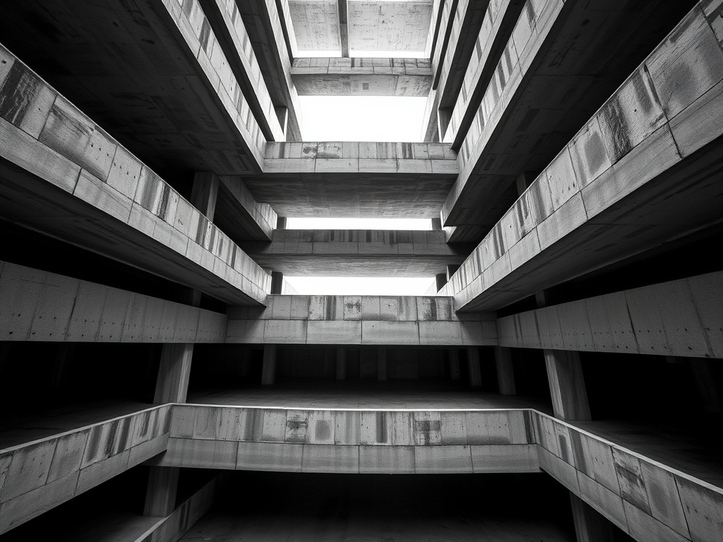 Stacked concrete slabs of an unfinished multi-level building seen from below