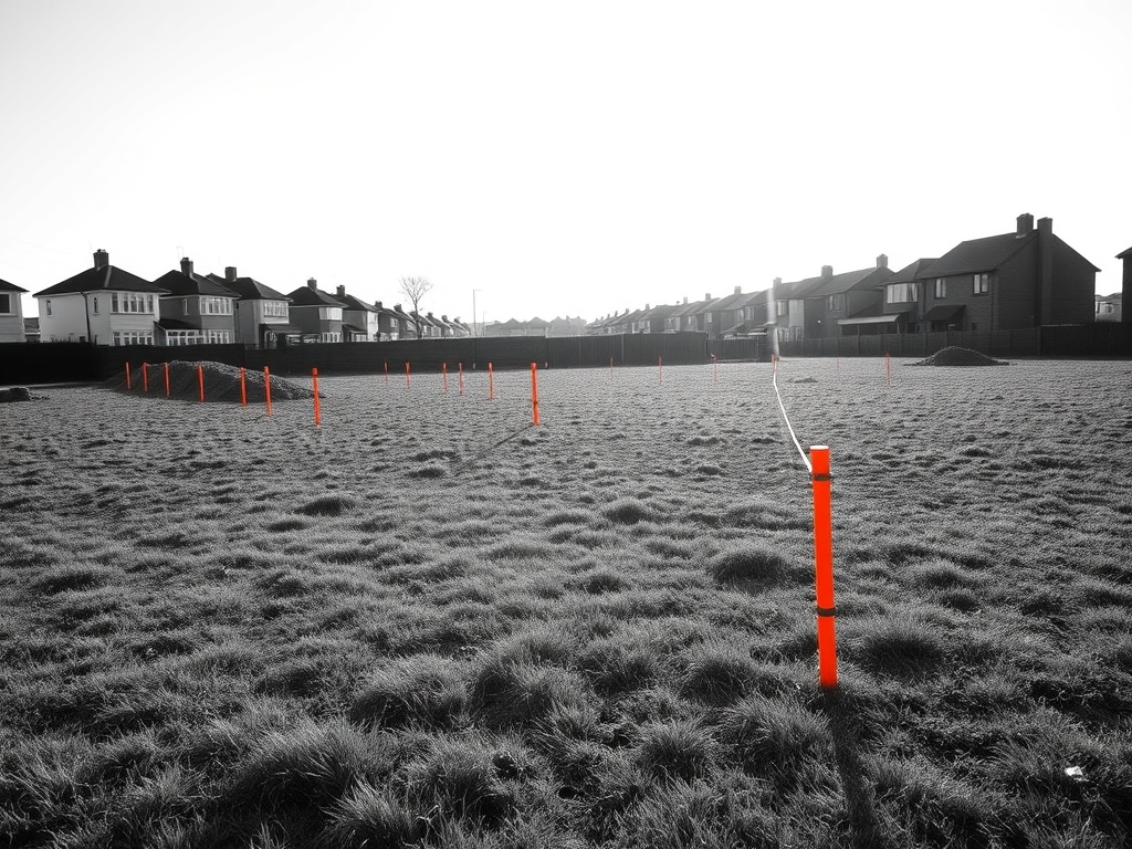 An empty grassy development site with survey pegs and string lines, suburban rooftops beyond