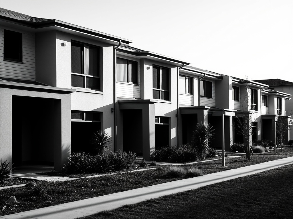 A row of newly completed but empty townhouses with bare windows and no landscaping