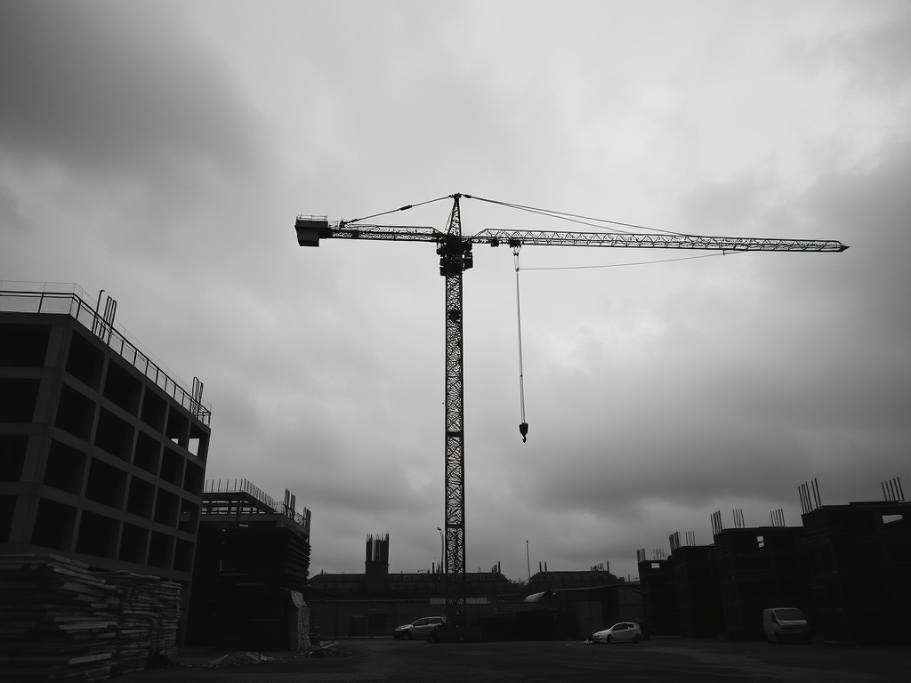 An idle construction site with a stationary tower crane and no activity