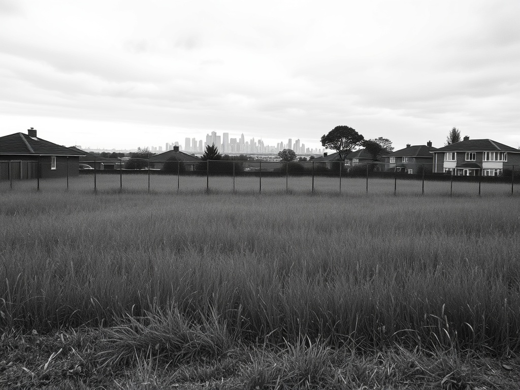 A fenced empty land-bank site with long grass in an established suburb