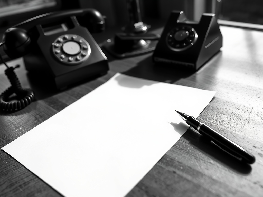 Blank professional letterhead and a fountain pen on a desk beside a telephone