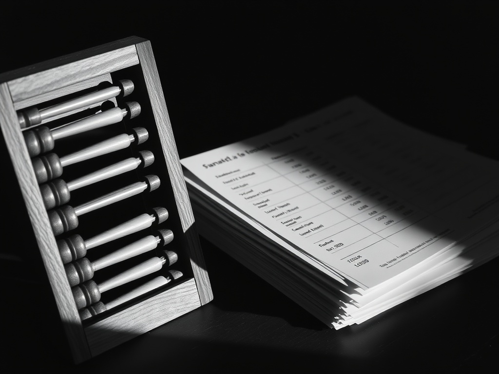 A wooden abacus beside a stack of bank statements on a dark desk