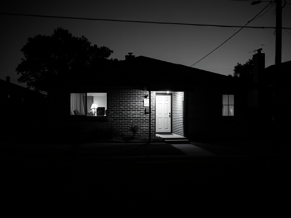 A modest brick home at dusk with one interior light on