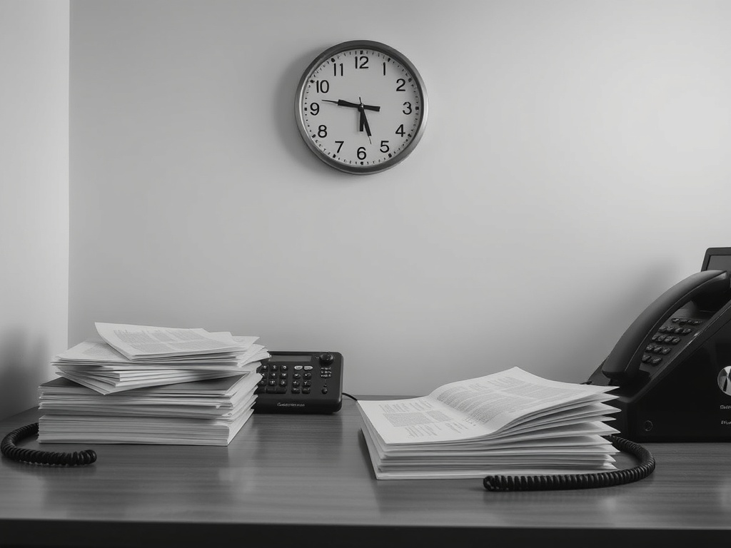 An empty conveyancing desk with a telephone, unsigned documents and a wall clock