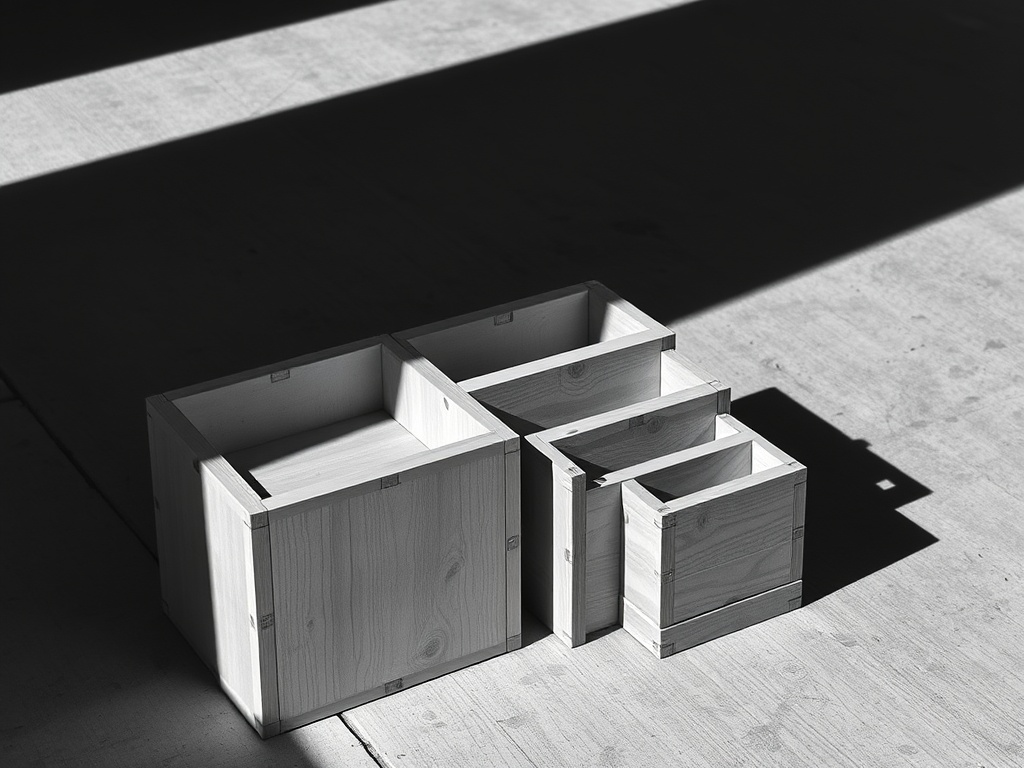 Nested wooden boxes of decreasing size arranged on a concrete surface