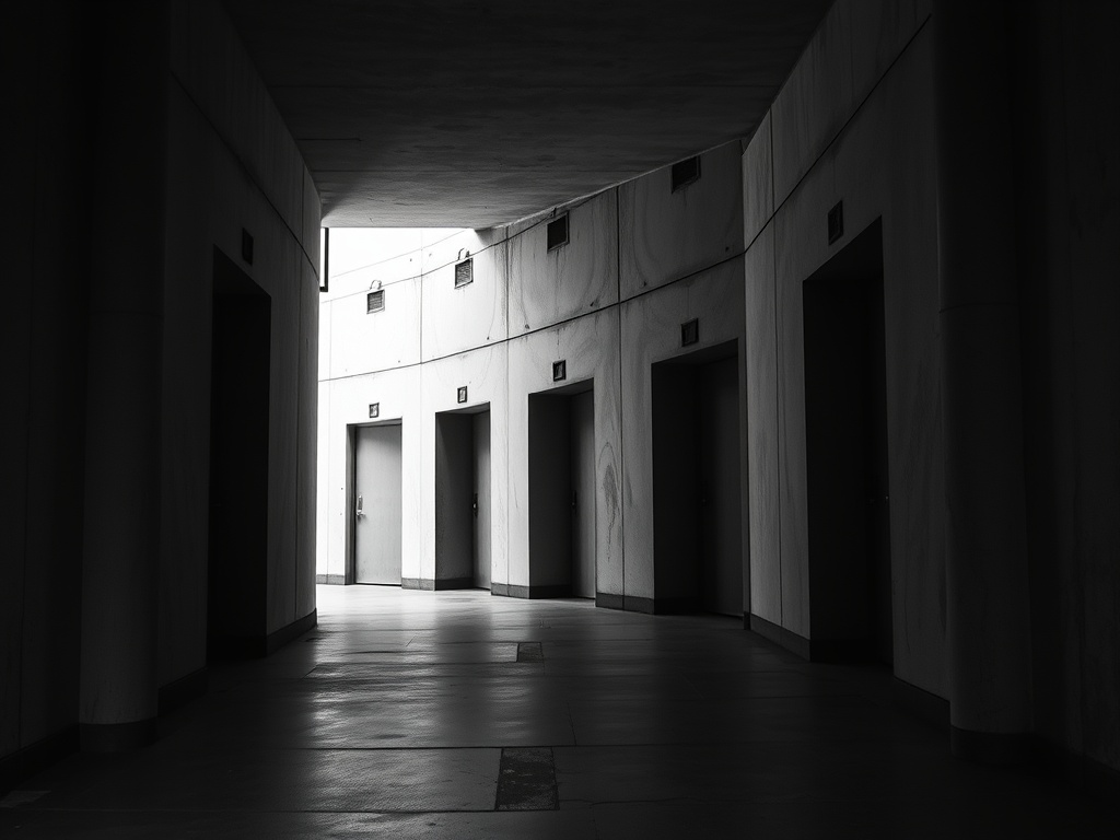 A corridor of five identical closed doors in a concrete building