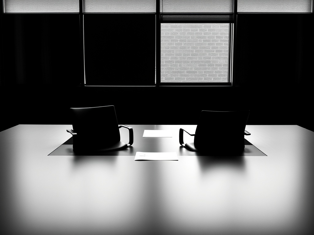 Two chairs facing each other across an empty boardroom table with one document between them