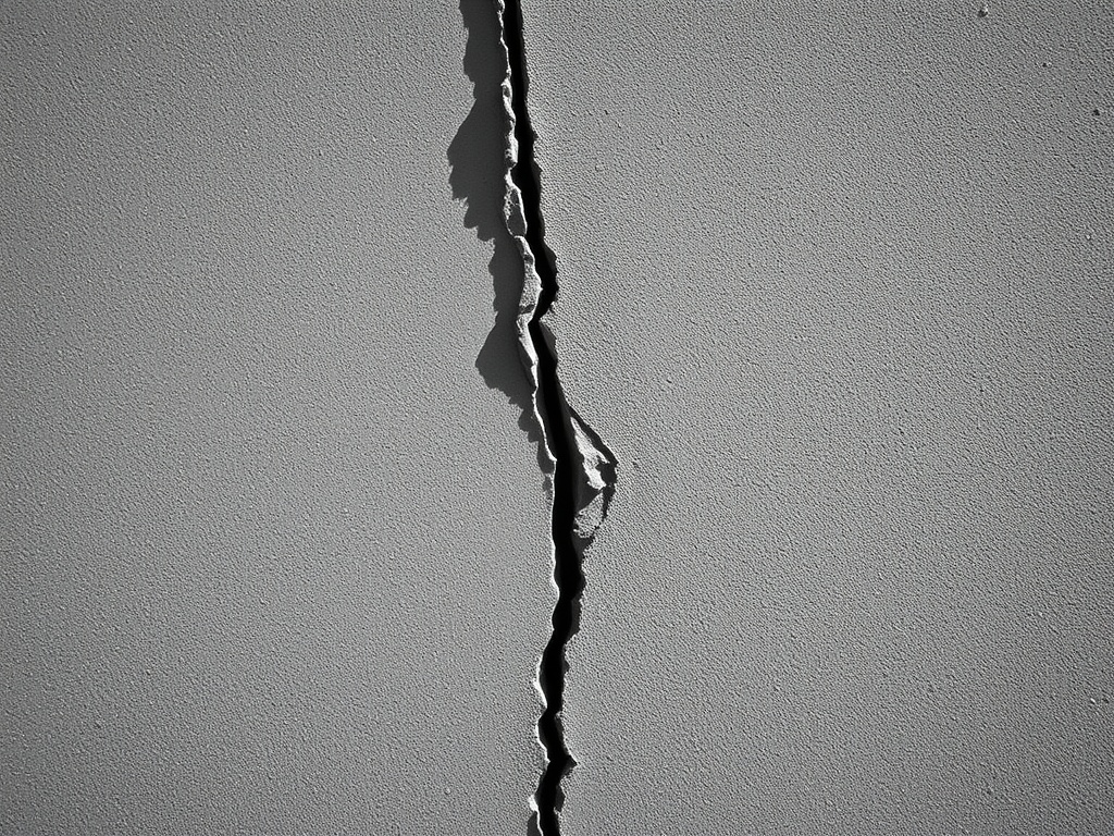 A hairline crack running through a smooth concrete wall in raking light