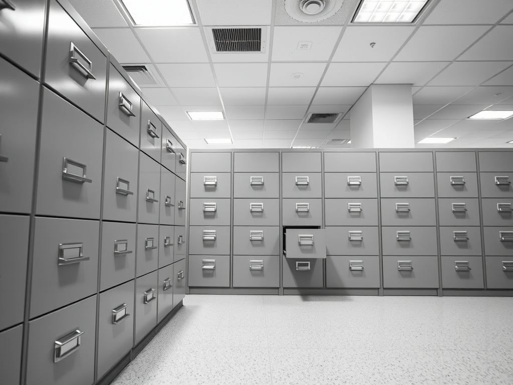 A row of grey filing cabinets in an empty office with one drawer slightly open