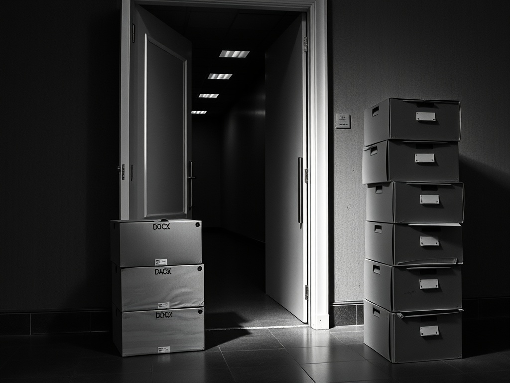 Stacked cardboard archive boxes beside an empty office doorway