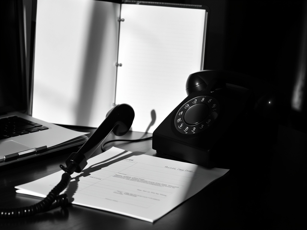 A black desk telephone handset off the hook beside a closed folder