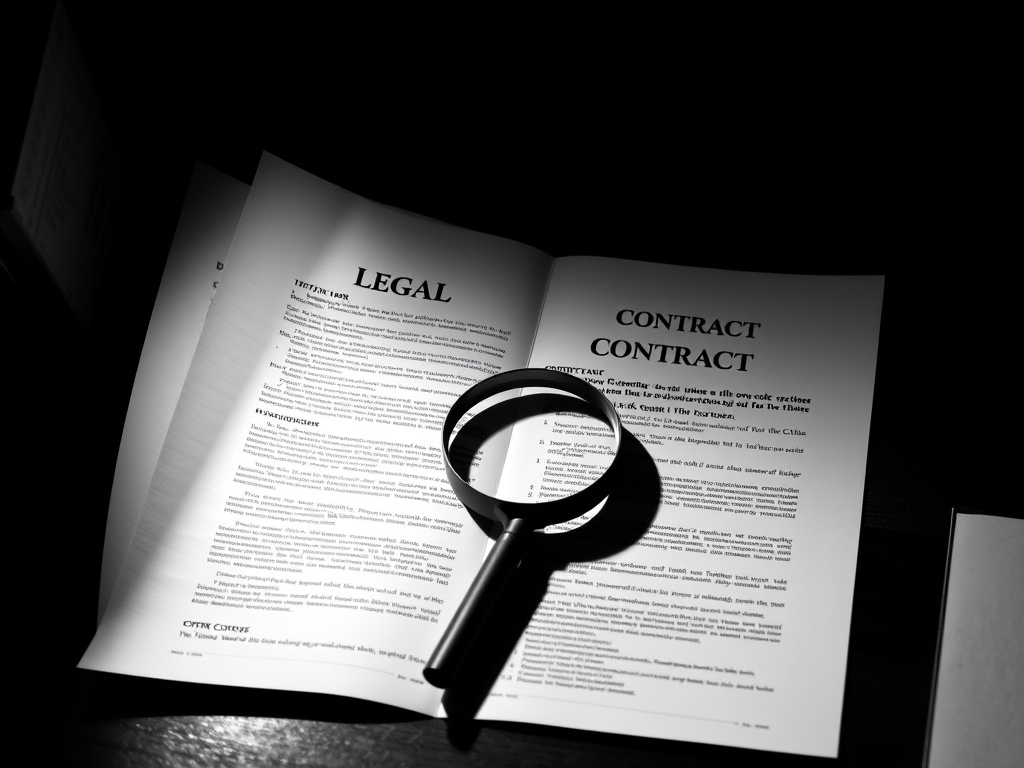 A thick legal contract open on a desk with a magnifying glass resting on it