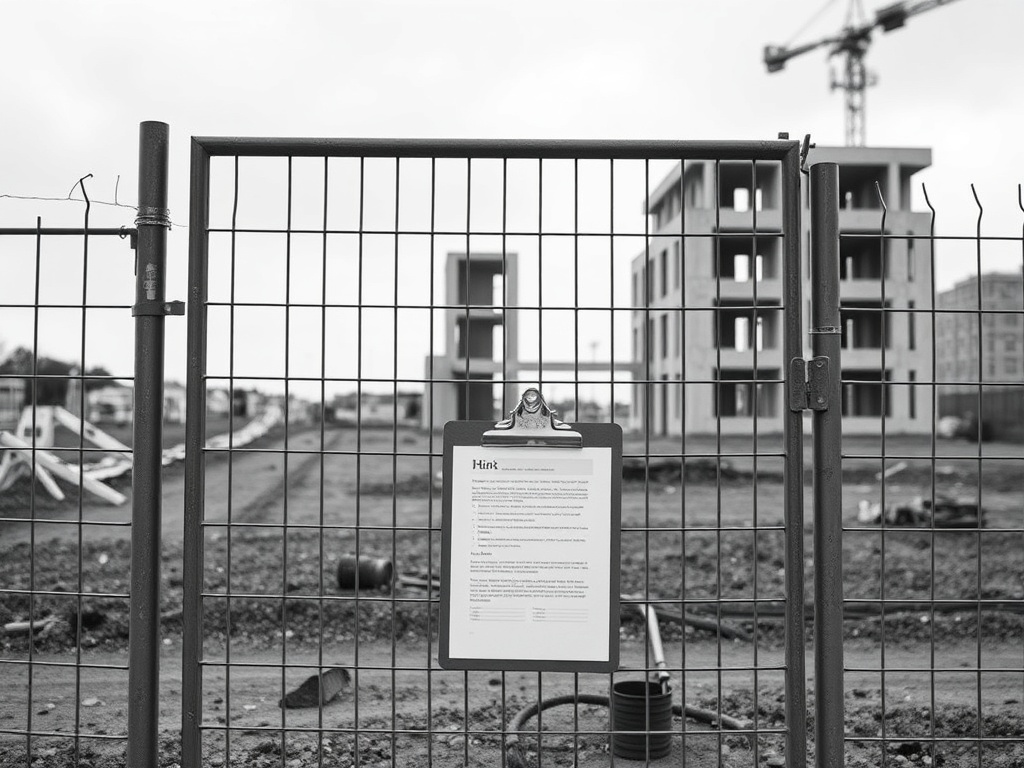 A closed construction site gate with a clipboard hanging on the fence