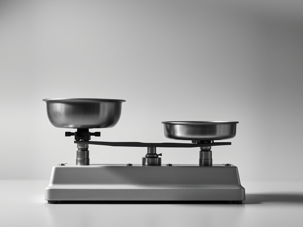 Brass weights on a laboratory balance with one pan noticeably lower