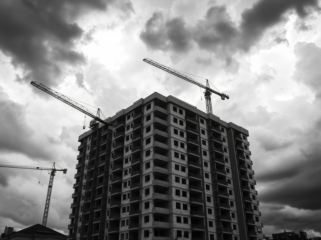 Storm clouds gathering over an unfinished concrete building with cranes