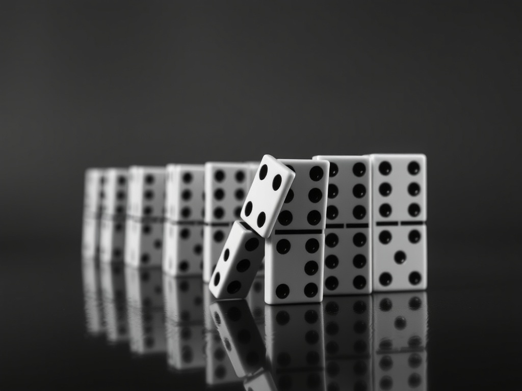 A long row of standing dominoes on a dark reflective surface with the first one tilting