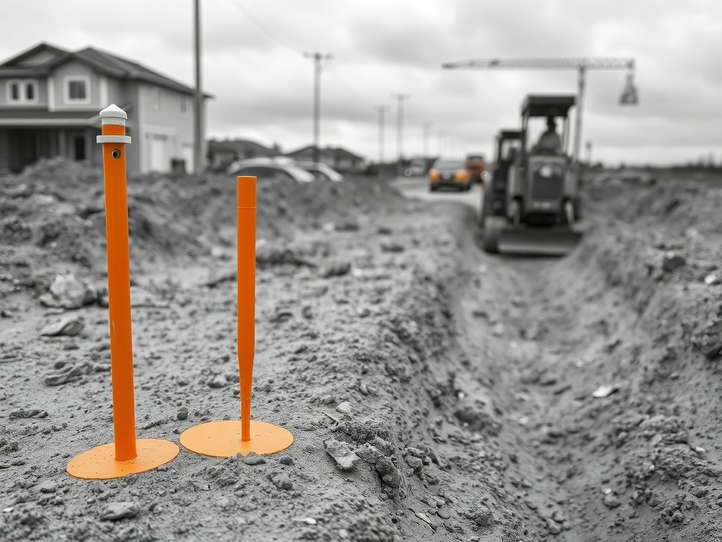 A subdivision survey peg and marking paint on graded earth with trench works behind